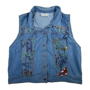 Saint Germain Paris Vintage Denim Vest Floral Embroidered Large Made in USA Blue
